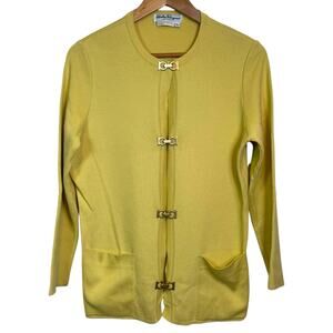 Salvatore Ferragamo Size Small Yellow Cotton Cardigan Sweater Gold Gancini Logo